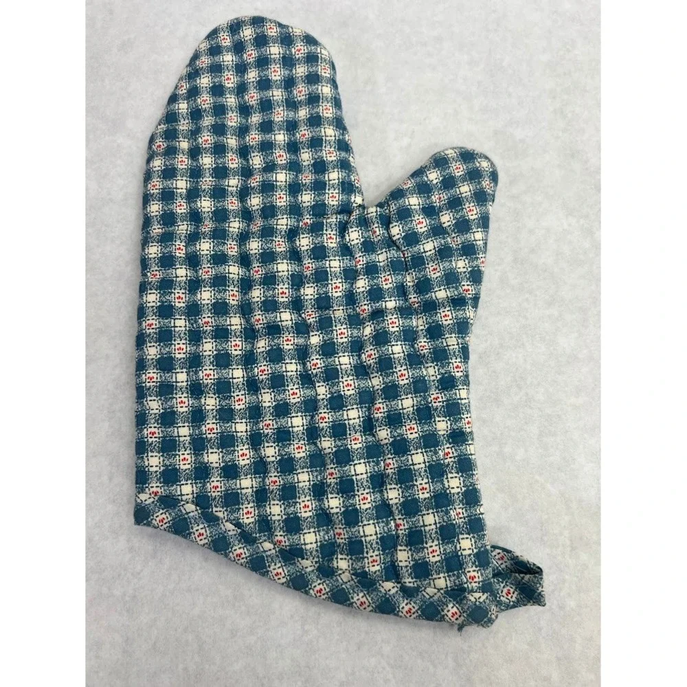 Vintage Quilted Oven Mitt Blue White Gingham Check Red Accent Kitchen Glove